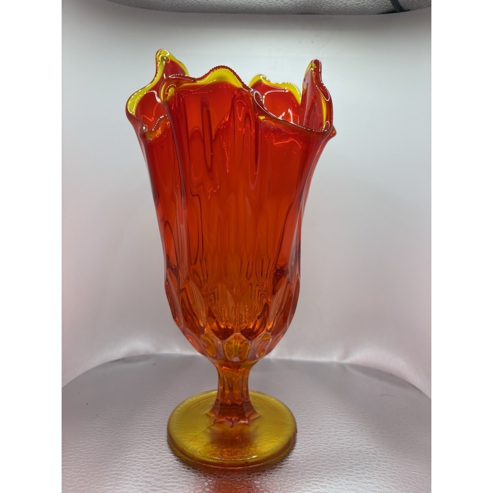 Red Amber Fenton Vase UV Reactive Swung Style Ombré Orange/red/yellow MCM 9"